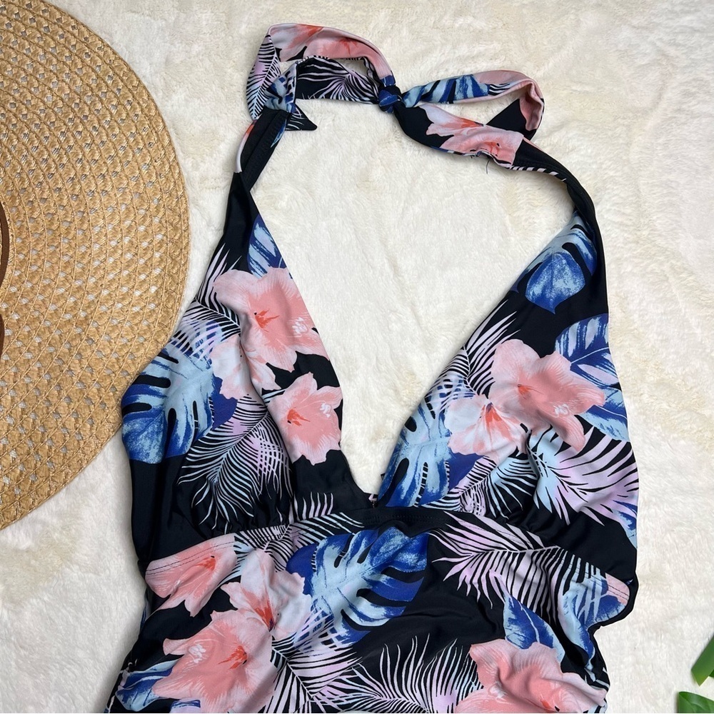 DKNY Halter Shirred One Piece Swimsuit With Tropical Floral Print - Picture 3 of 8